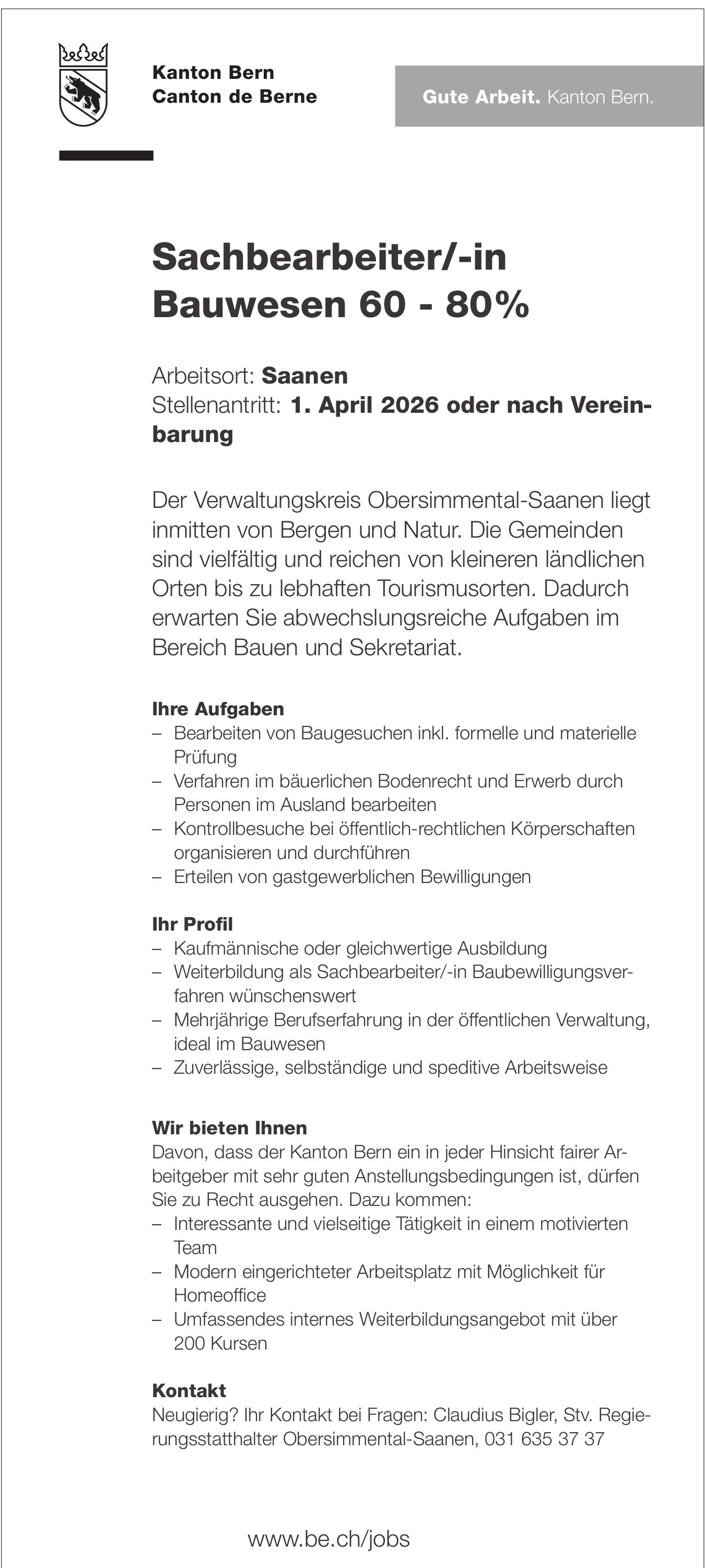 Sachbearbeiter/-in Bauwesen 60 - 80%, Kanton Bern., gesucht