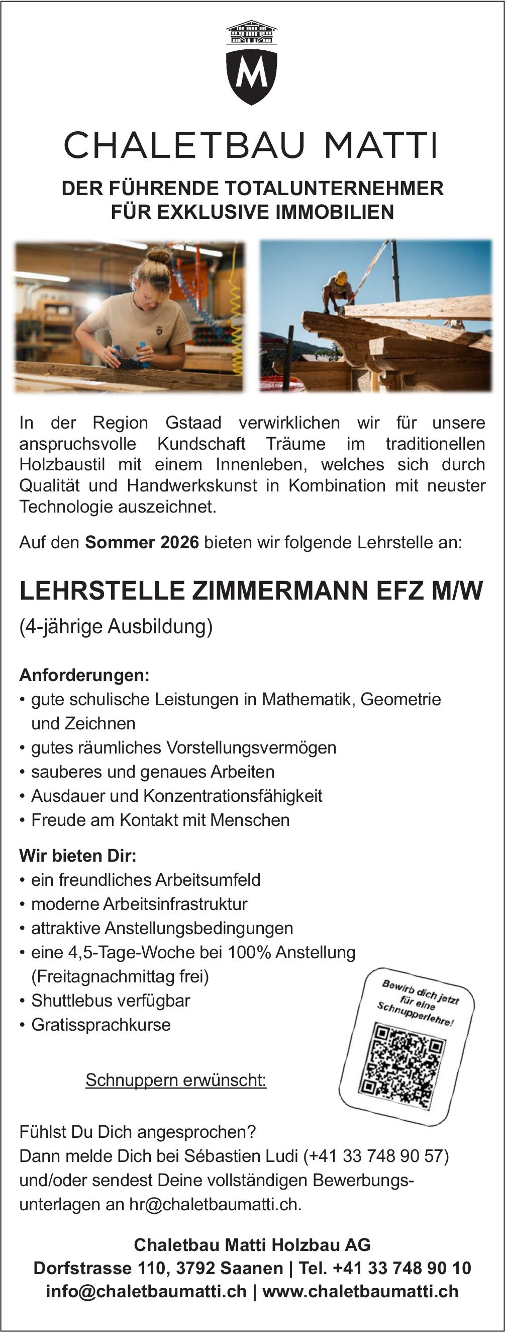Lehrstelle Zimmermann Efz M/W, Chaletbau Matti Holzbau AG, Saanen, gesucht
