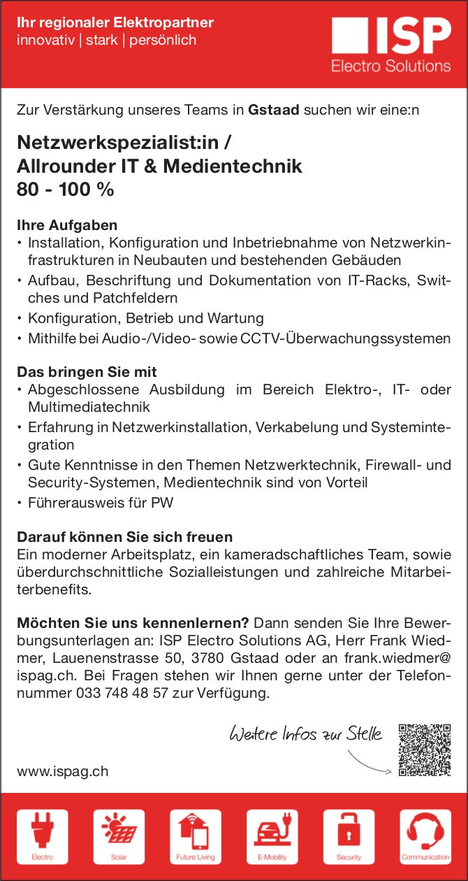Netzwerkspezialist:in/ Allrounder IT & Medientechnik 80-100 %, Ispag, Gstaad, gesucht