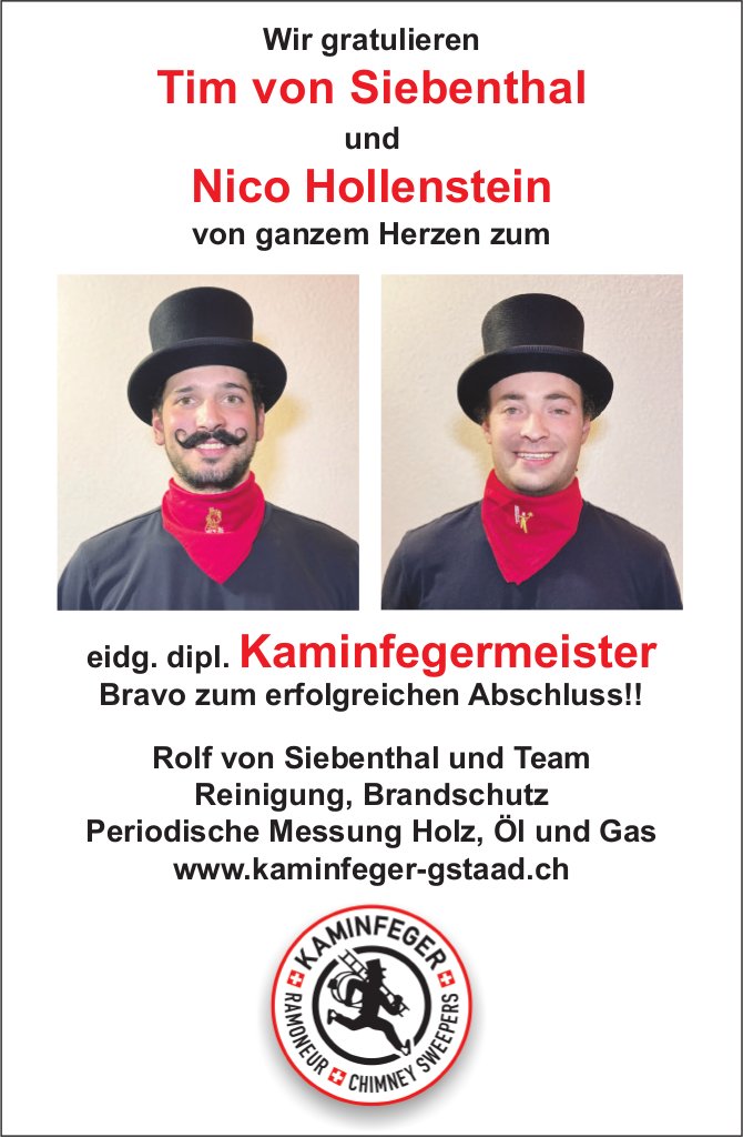 Kaminfeger Gstaad, Bravo zum erfolgreichen Abschluss!!