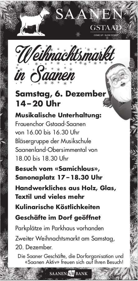Weihnachtsmarkt in Saanen, 6. - 20. Dezember, Gstaad