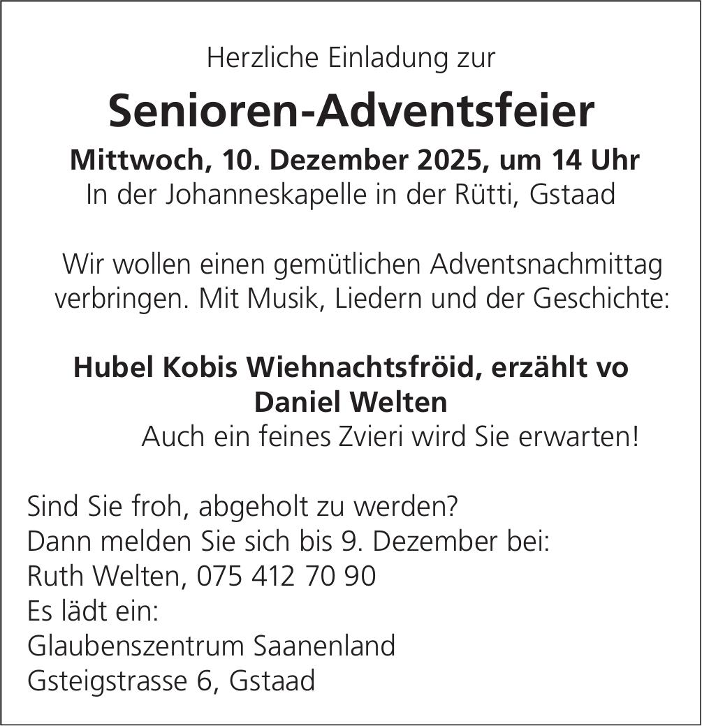 Senioren-Adventsfeier, 10. Dezember, Gstaad