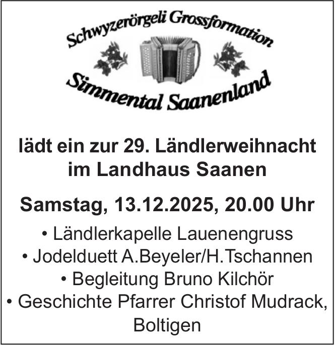 Lädt ein zur 29. Ländlerweihnacht, 13. Dezember, Boltigen