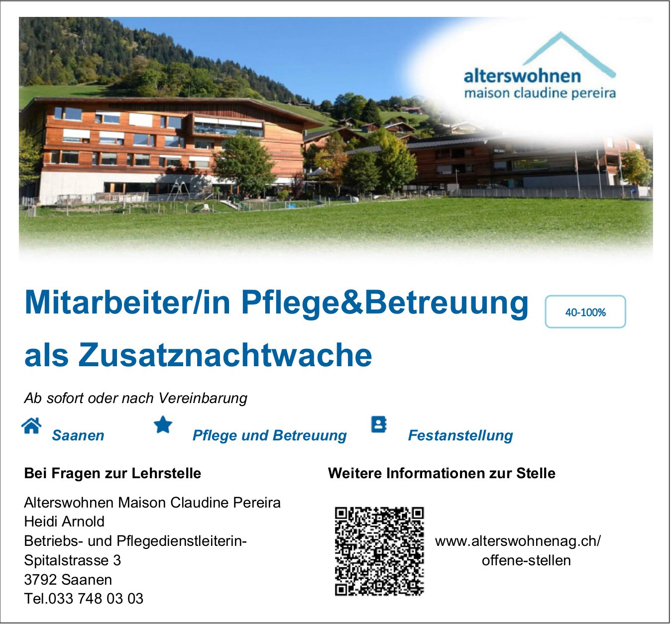 Mitarbeiter/in Pflege&Betreuung als Zusatznachtwache 40-100%, Alterswohnen Maison Claudine Pereira, Saanen, gesucht