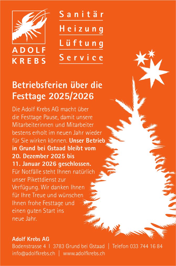 Adolf Krebs AG, Grund Bei Gstaad - Betriebsferien über die Festtage 2025/2026
