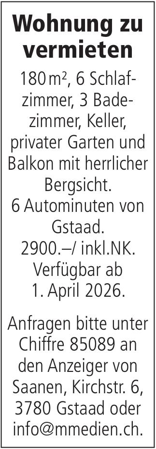 Wohnung zu vermieten, Gstaad, zu vermieten