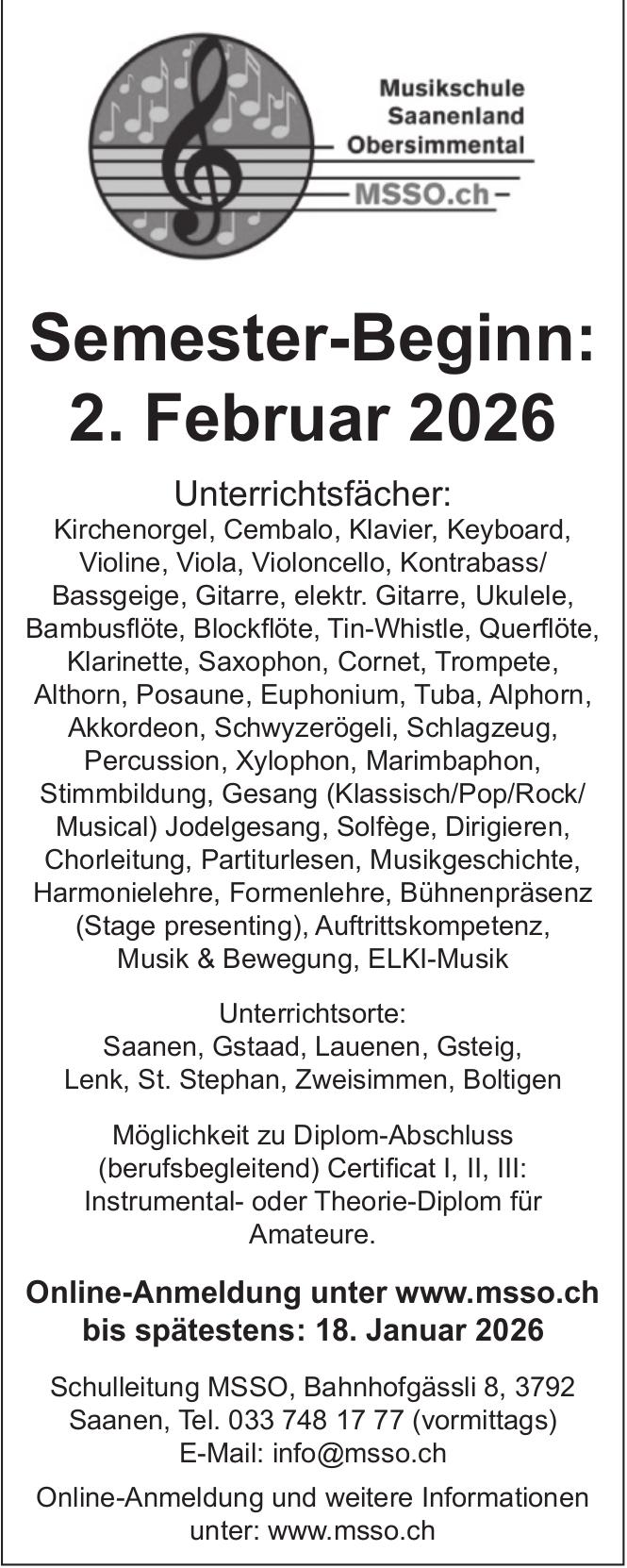 Semester-Beginn: 2. Februar 2026, 2. Februar, Saanen