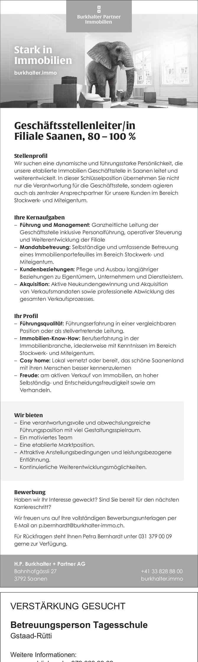Geschäftsstellenleiter/in Filiale Saanen, 80 – 100 %, H.P. Burkhalter + Partner AG, Gesucht