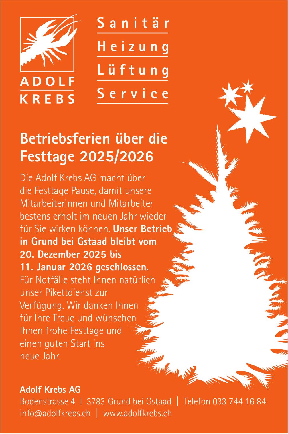 Adolf Krebs AG, Grund Bei Gstaad - Betriebsferien über die Festtage 2025/2026