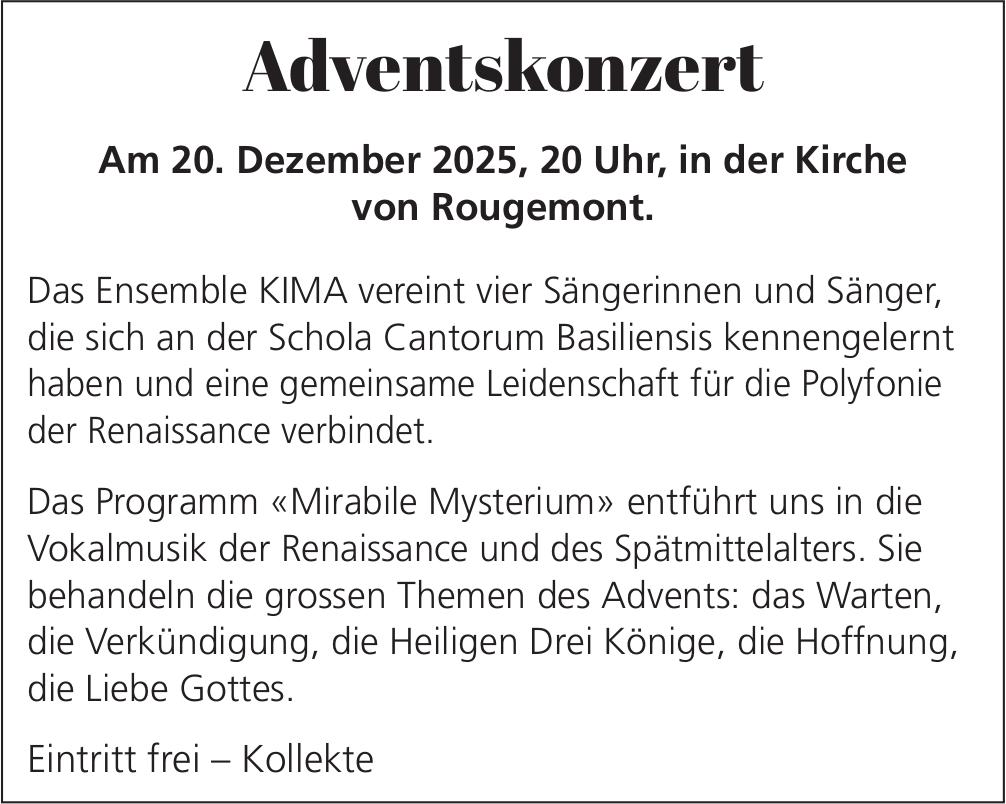 Adventskonzert, 20. Dezember, Kirche von Rougemont