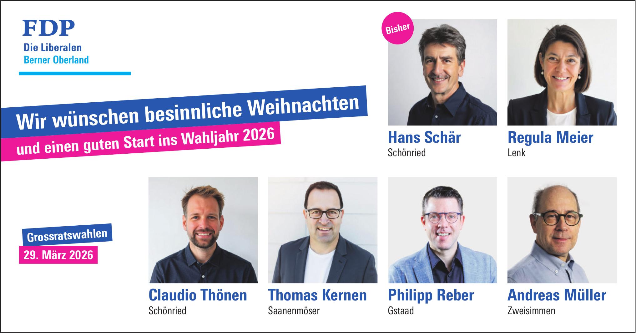 FDP Die Liberalen Berner Oberland, Wir wünschen besinnliche Weihnachten und einen guten Start ins Wahljahr 2026
