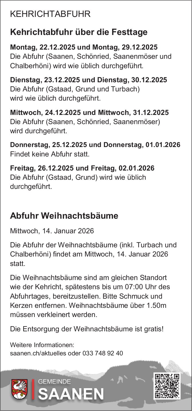 Kehrichtabfuhr über die Festtage