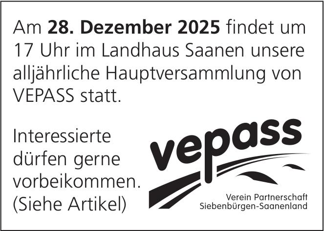 alljährliche Hauptversammlung von VEPASS, 28. Dezember, Landhaus Saanen