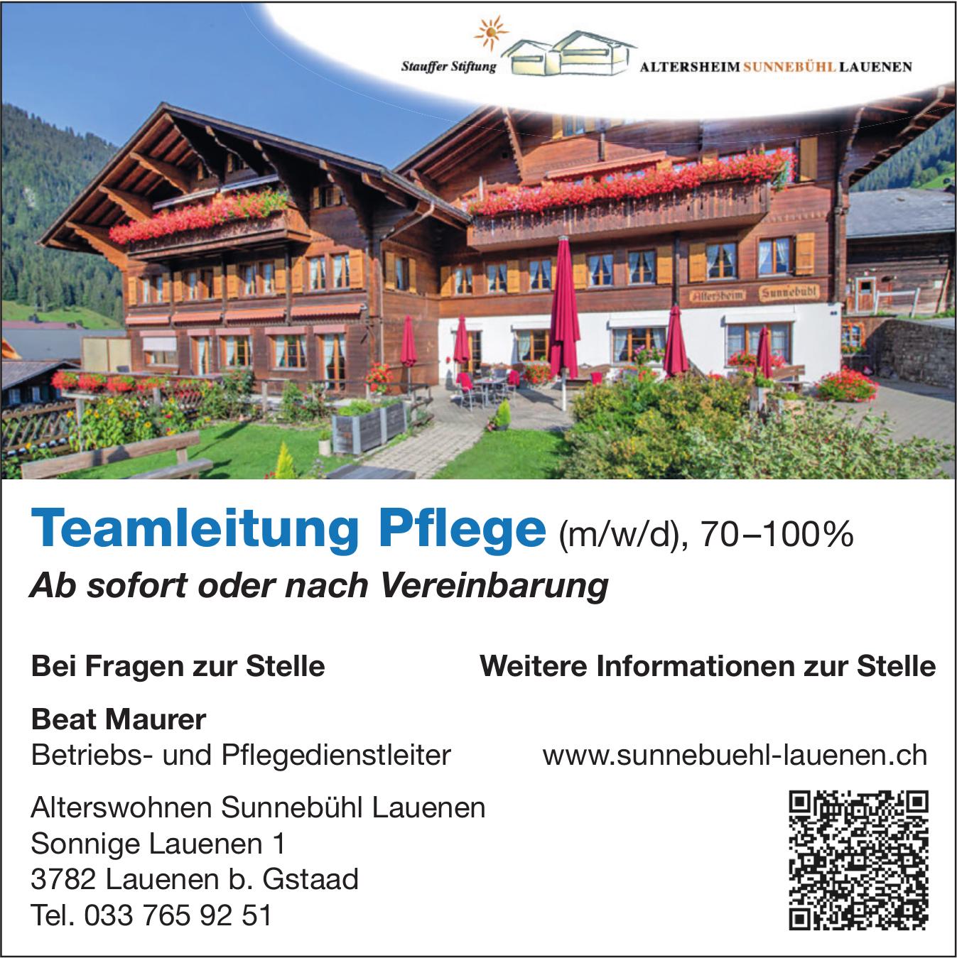 Teamleitung Pflege (m/w/d), 70–100%, Altersheim Sunnebühl Lauenen, Lauenen B. Gstaad, Gesucht