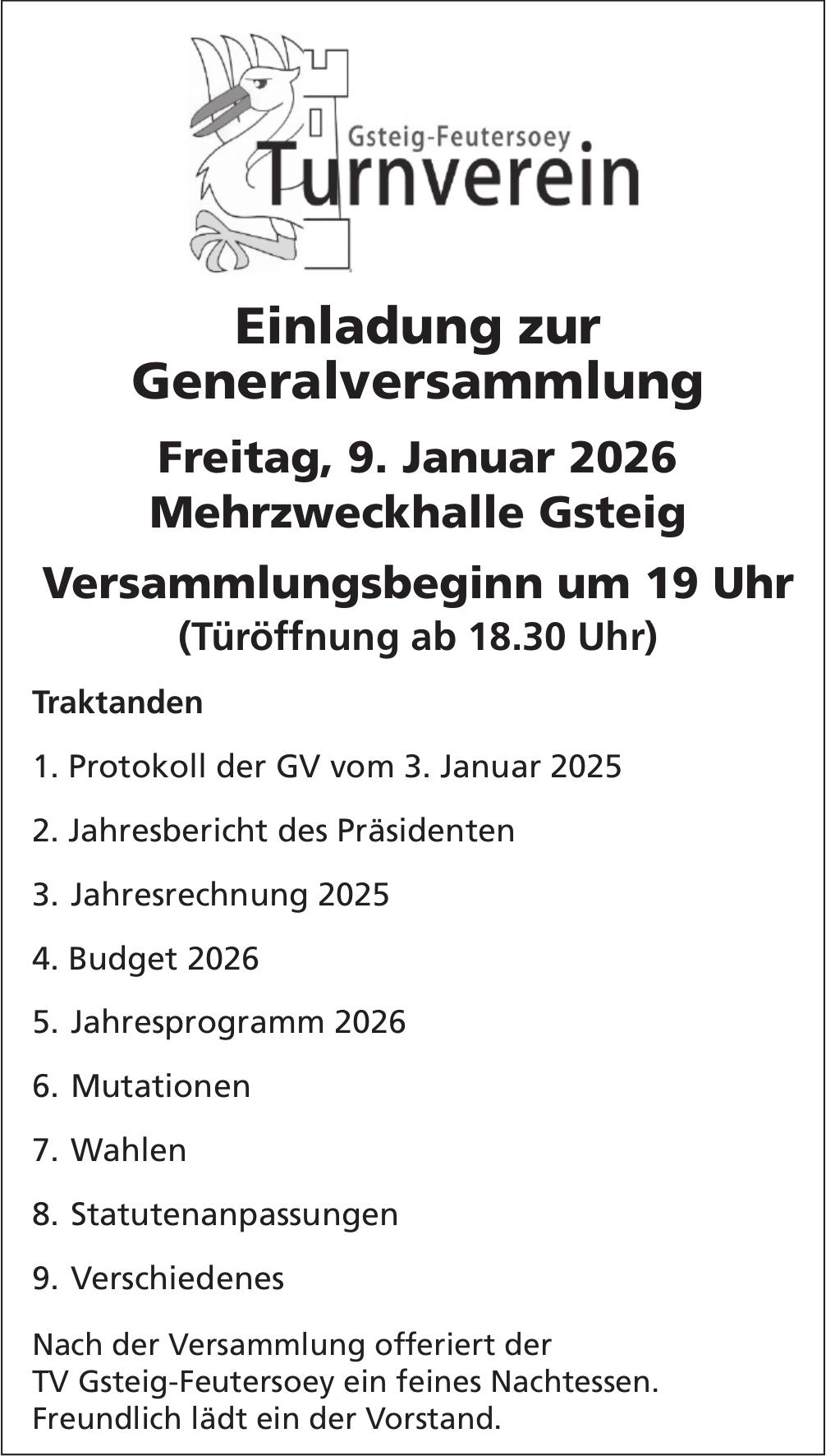 Gsteig-Feutersoey Turnverein, Einladung zur Generalversammlung