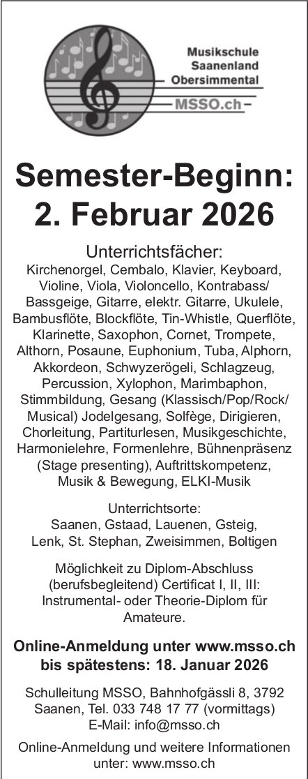 Semester-Beginn: 2. Februar 2026, 2. Februar, Saanen