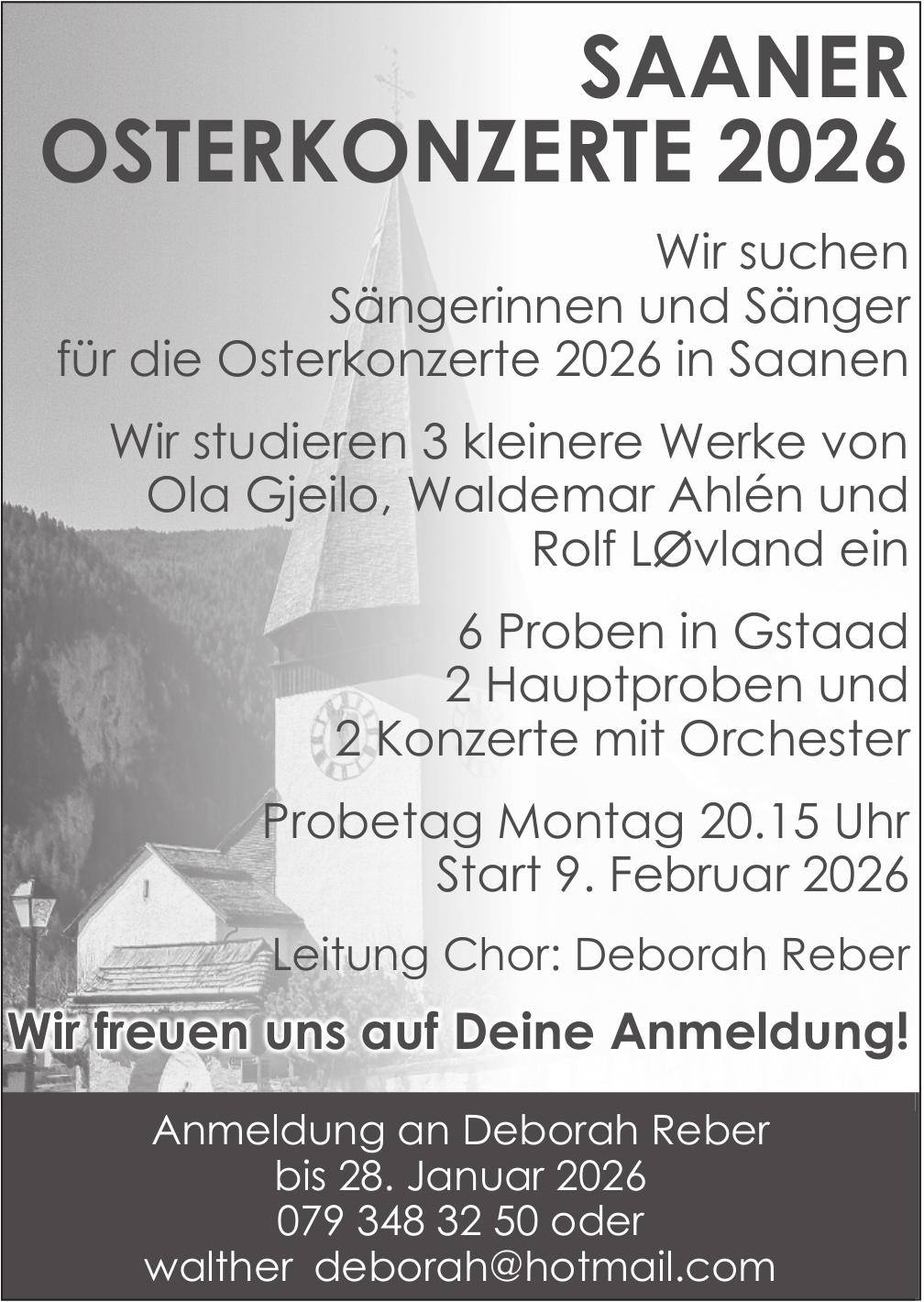 Chorleitung: Deborah Reber, SAANER OSTERKONZERTE 2026
