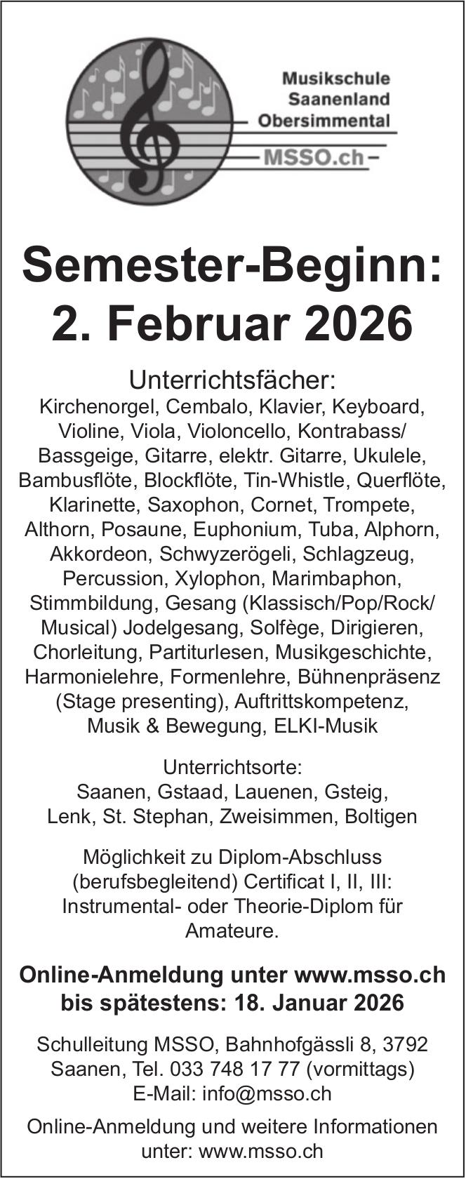 Semester-Beginn: 2. Februar 2026, 2. Februar, Saanen
