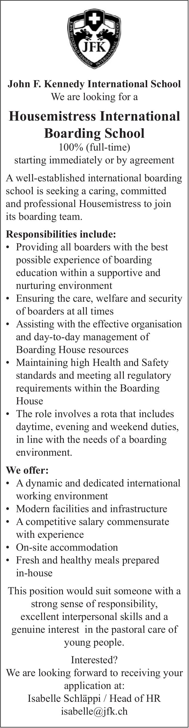 Housemistress International Boarding School 100% (full-time), John F. Kennedy International School, gesucht