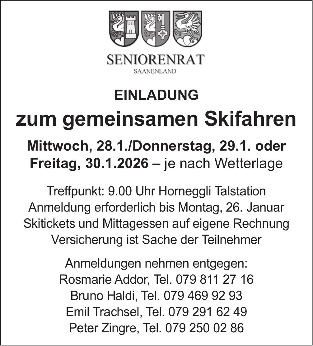 EINLADUNG ein gemeinsamen Skifahren, 28. - 30. Januar, Hornegli Talstation