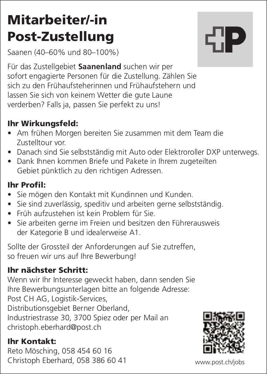 Mitarbeiter/-in Post-Zustellung, Post CH AG, Spiez, Gesucht