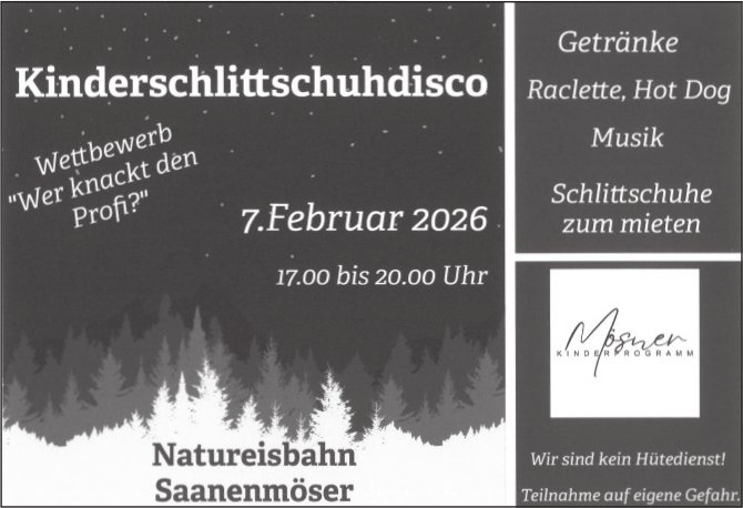 Kinderschlittschuhdisco, 7. Februar, Natureisbahn Saanenmöser