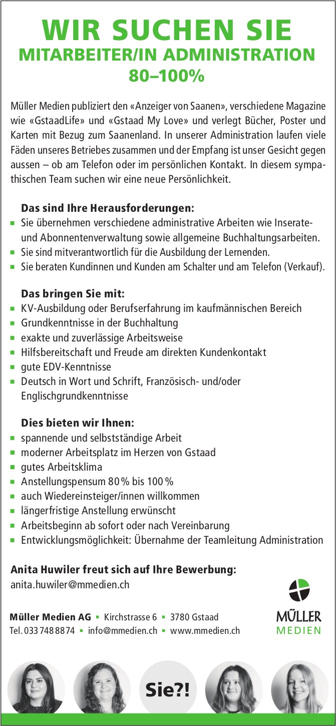 MITARBEITER/IN ADMINISTRATION 80–100%, Müller Medien AG, Gstaad, Gesucht