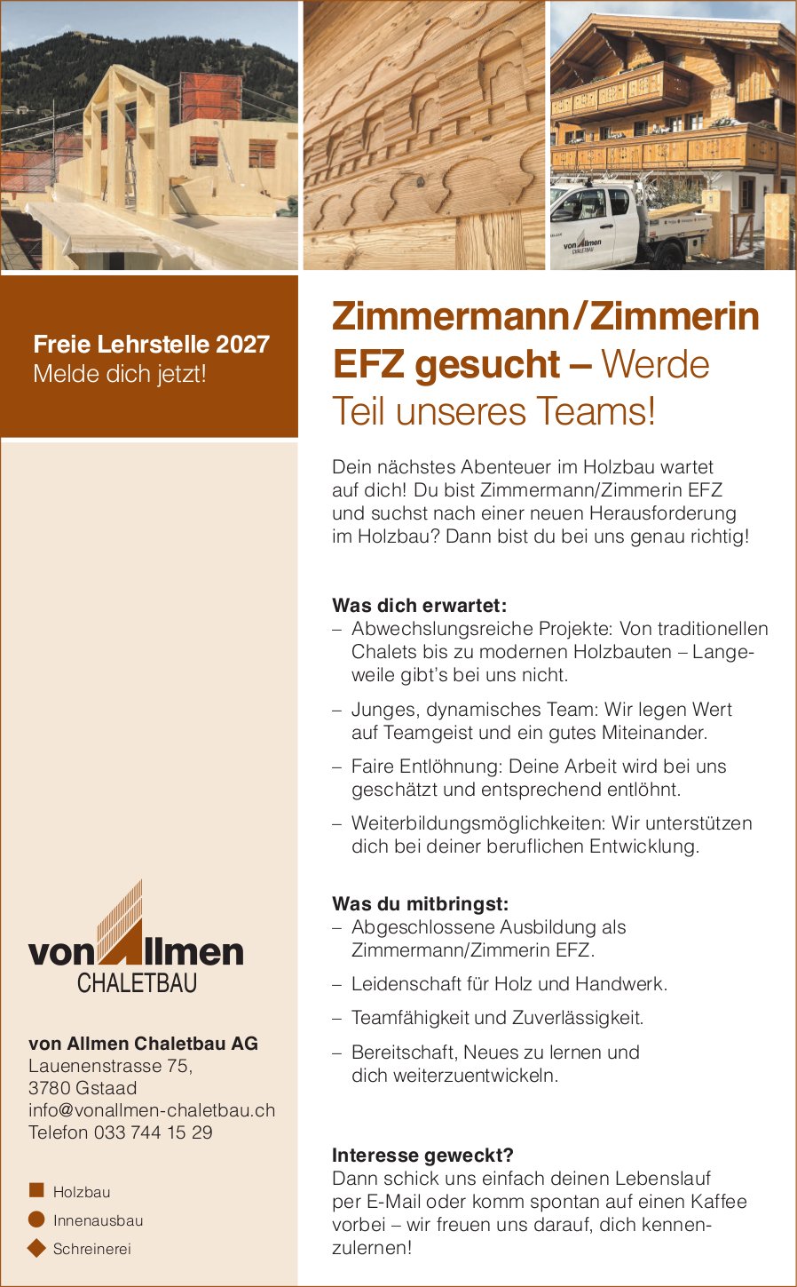 Zimmermann/Zimmerin EFZ gesucht, von Allmen Chaletbau AG, Gstaad, Gesucht
