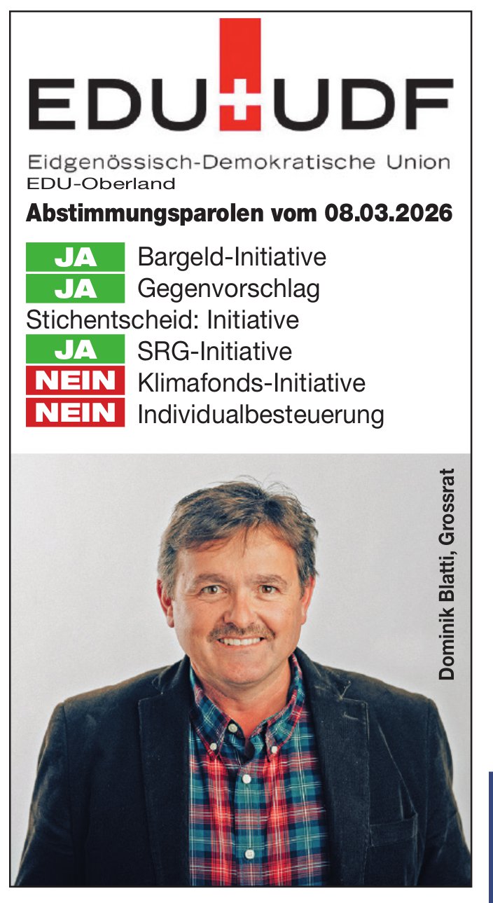 EDU-Oberland, Abstimmungsparolen vom 08.03.2026