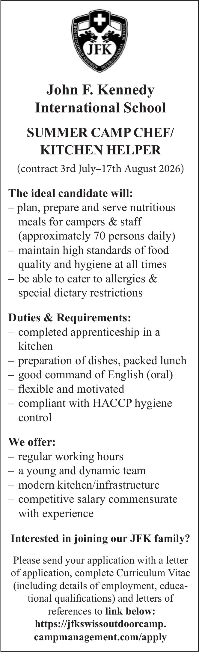 Summer Camp Chef/ Kitchen Helper, John F. Kennedy International School, gesucht