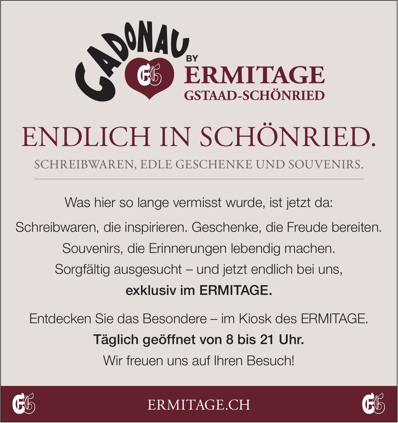 ERMITAGE GSTAAD - SCHÖNRIED, Schreibwaren, Edle Geschenke und Souvenirs.