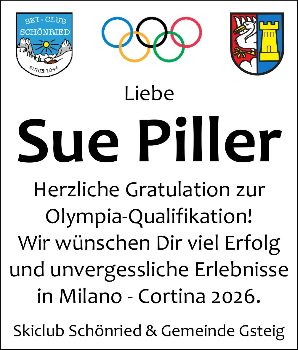 Skiclub Schönried & Gemeinde Gsteig, Herzliche Gratulation Sue Piller zur Olympia-Qualifikation!