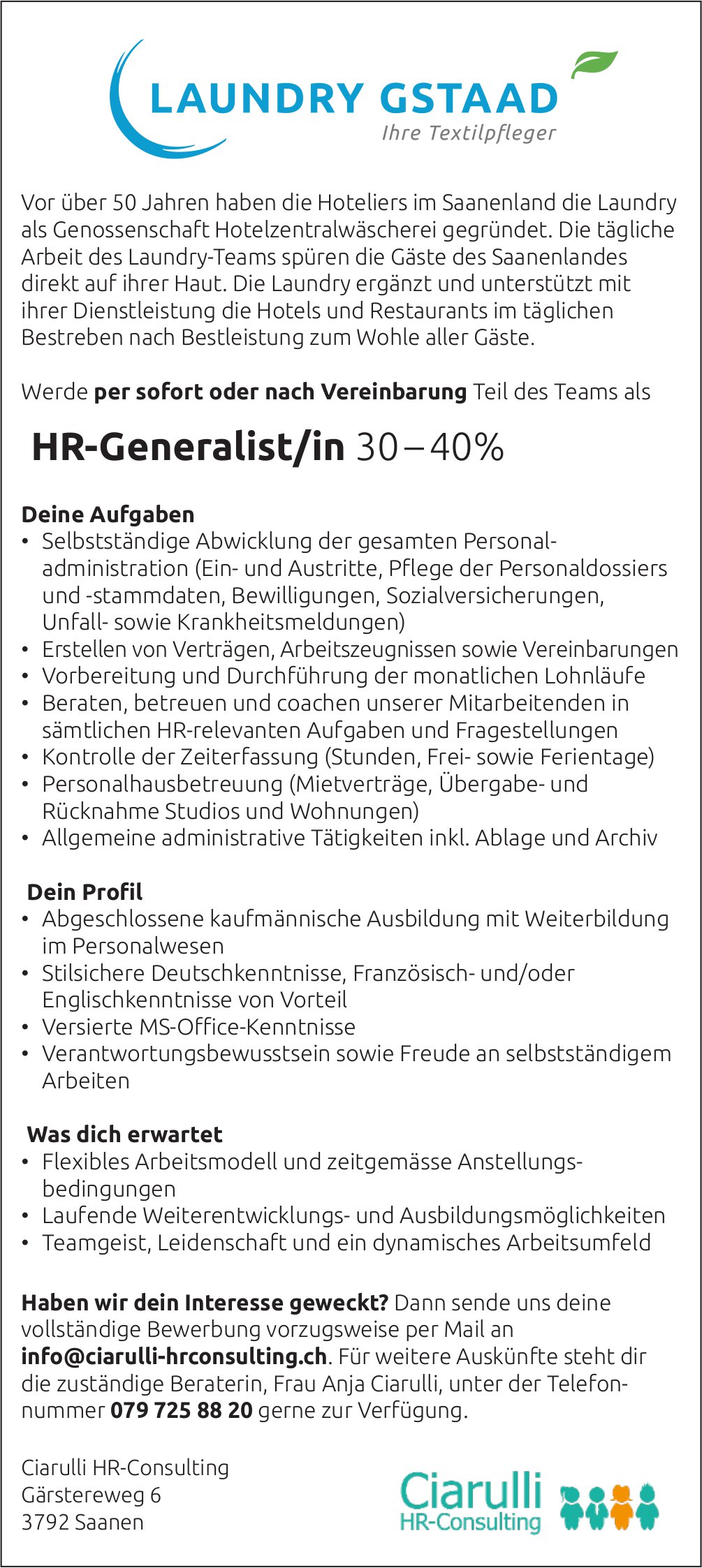 HR-Generalist/in 30 – 40%, Laundry Gstaad, Saanen, gesucht
