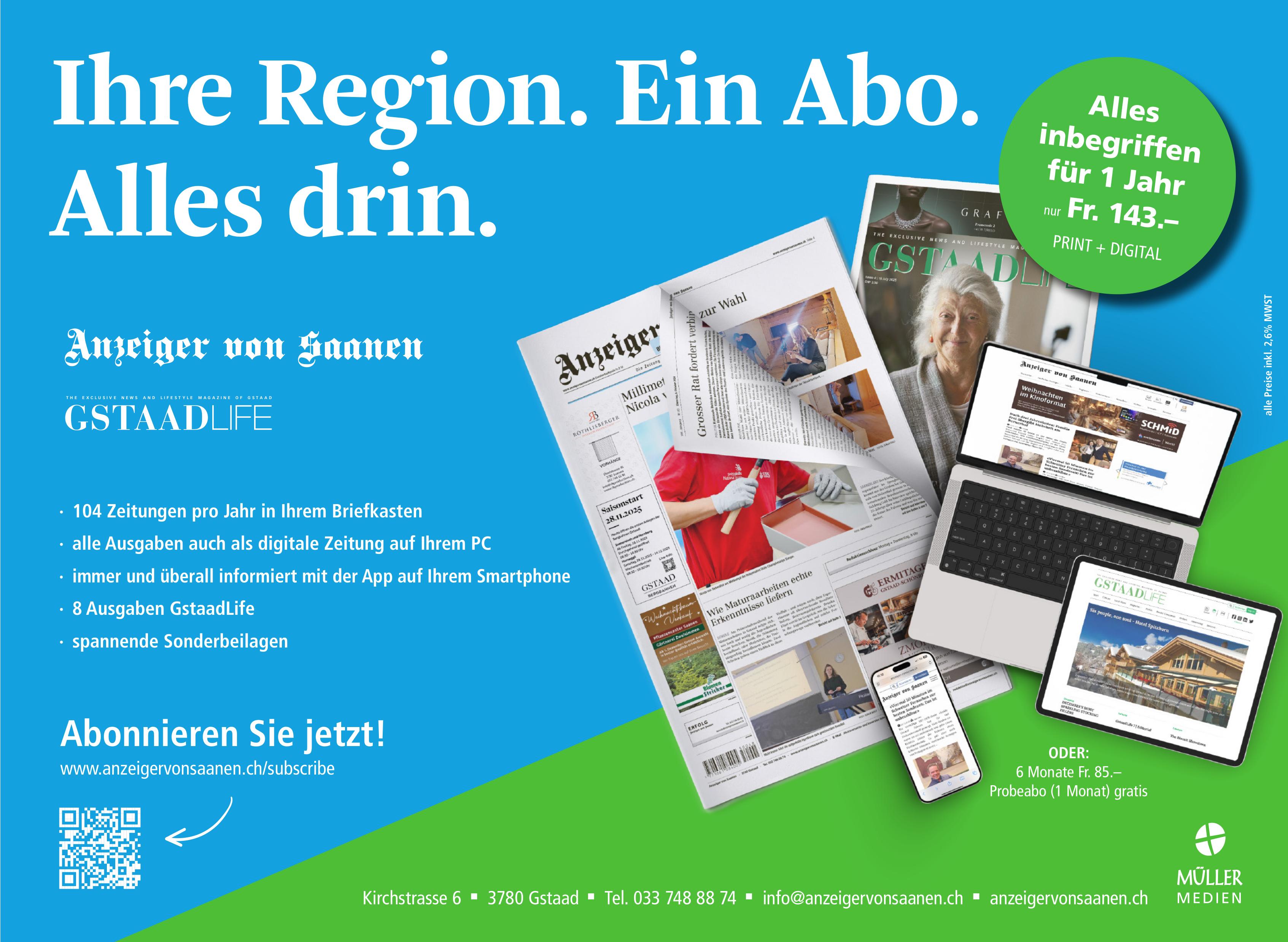 Anzeiger von Saanen, Gstaad - Ihre Region. Ein Abo. Alles drin.