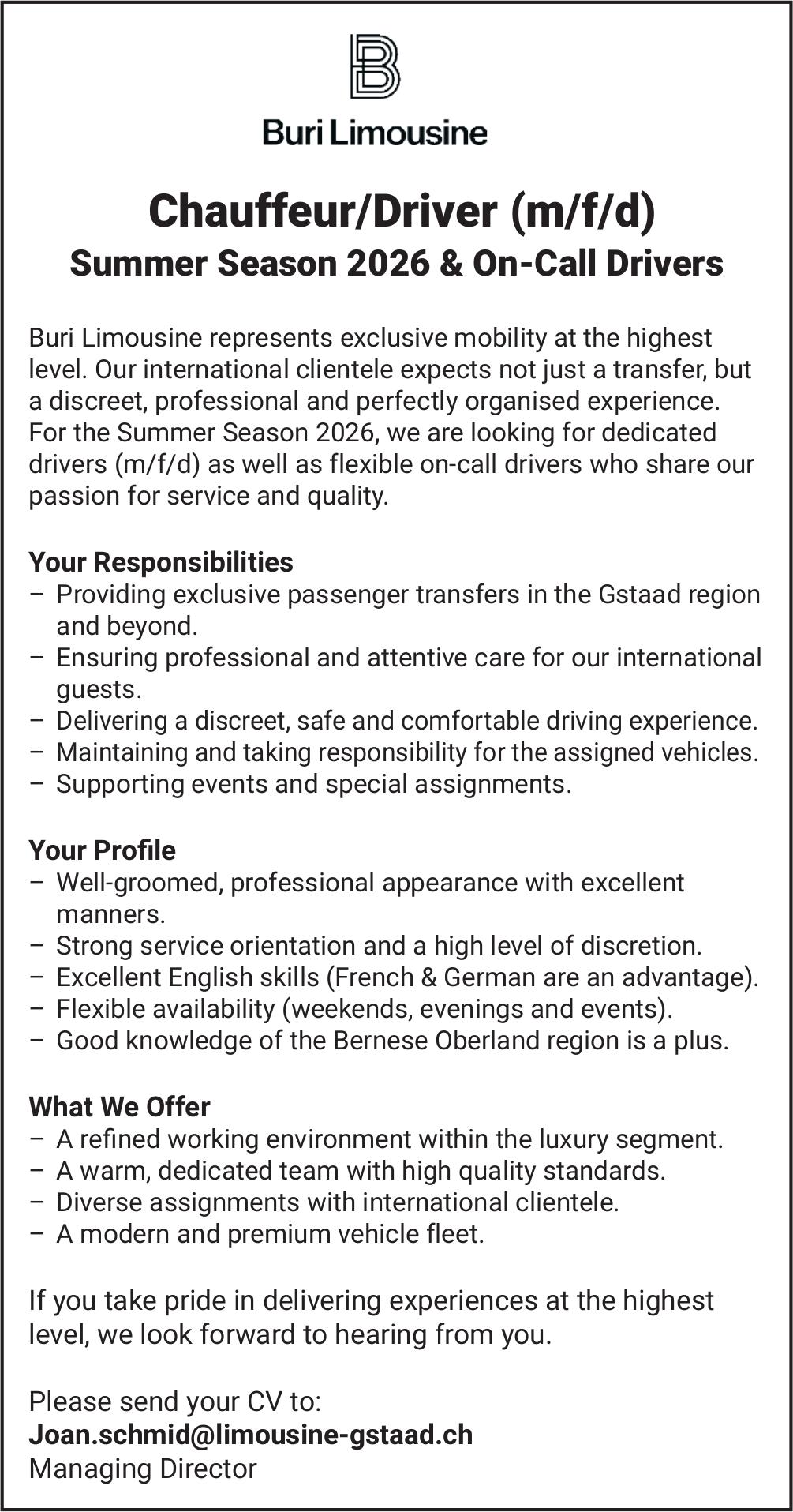 Chauffeur/Driver (m/f/d), Buri Limousine, Gesucht