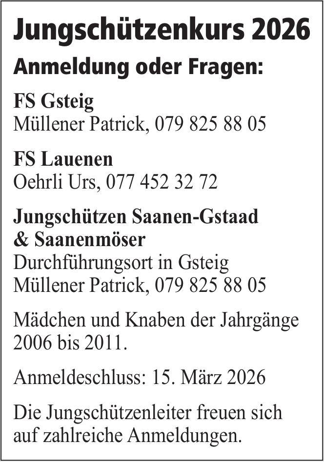 Jungsützen Saanen-Gstaad & Saanenmöser, Jungschutzkurs 2026