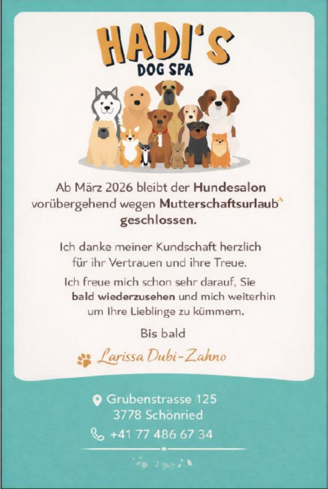 HADI'S DOG SPA, Schönried - Ab März 2026 bleibt der Hundesalon vorübergehend wegen Mutterschaftsurlaub geschlossen.