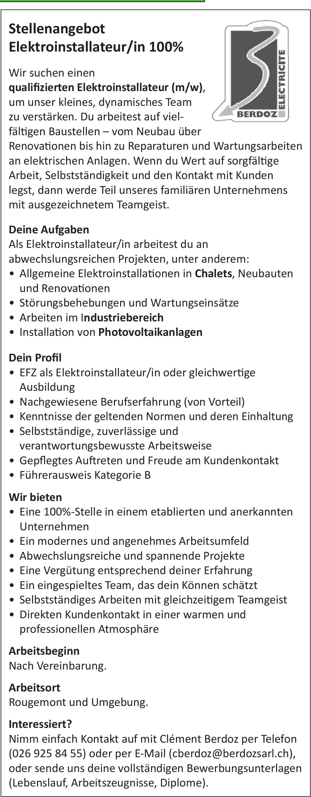 Elektroinstallateur/in 100%, Berdoz Electricité, Rougemont, Gesucht