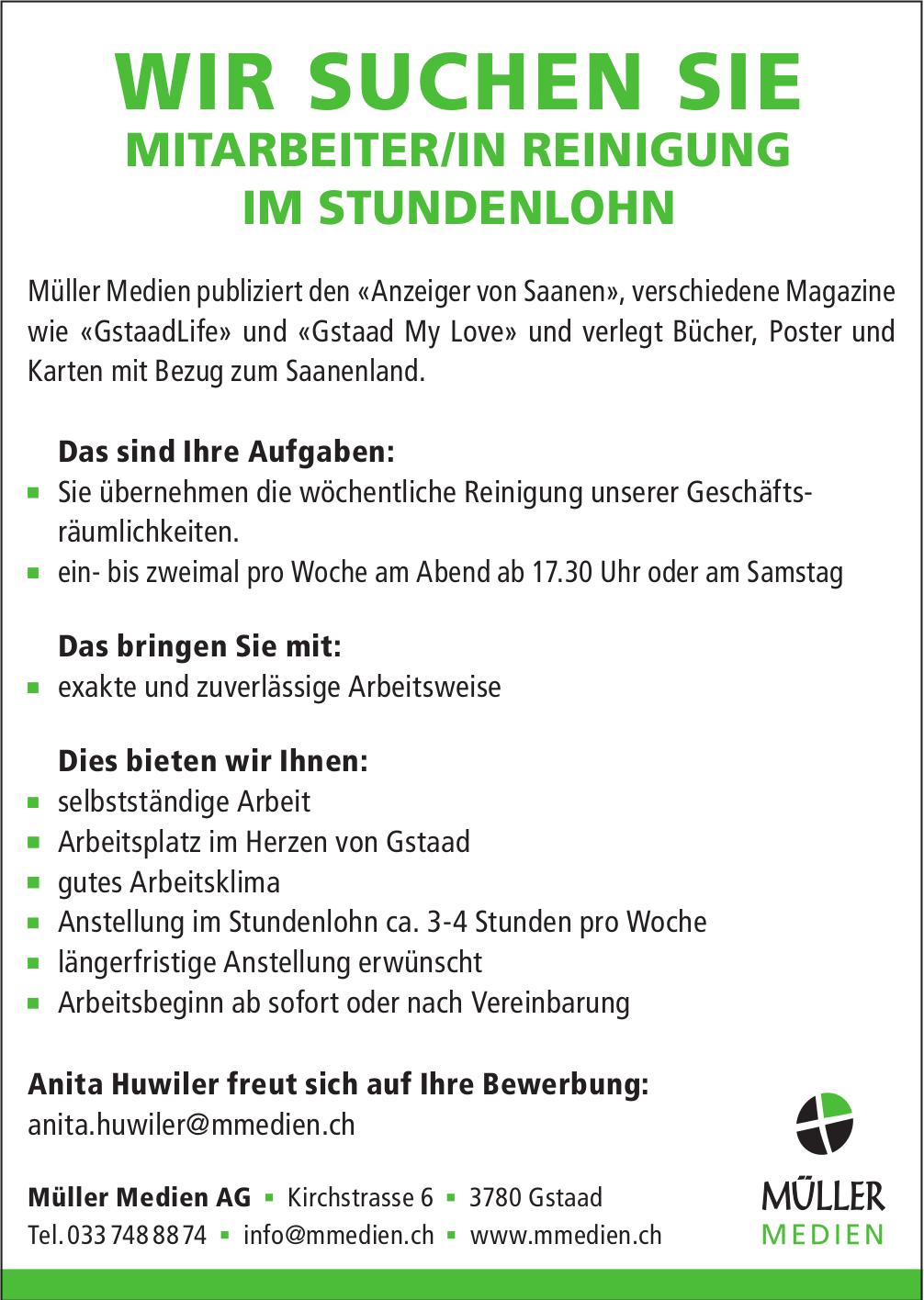 MITARBEITER/IN REINIGUNG IM STUNDENLOHN, Müller Medien AG, Gstaad, Gesucht