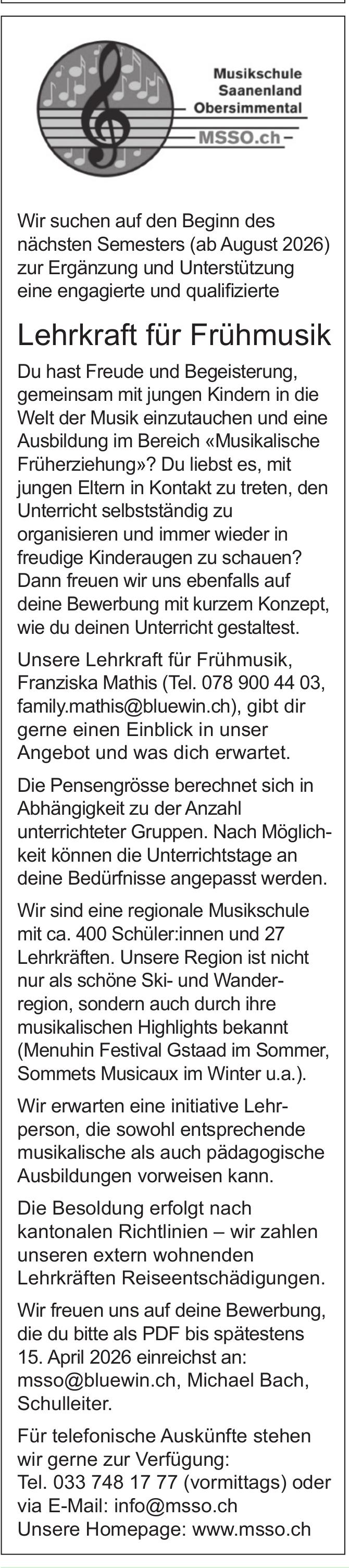 Lehrkraft für Frühmusik, Musikschule Saanenland Obersimmental, Gesucht