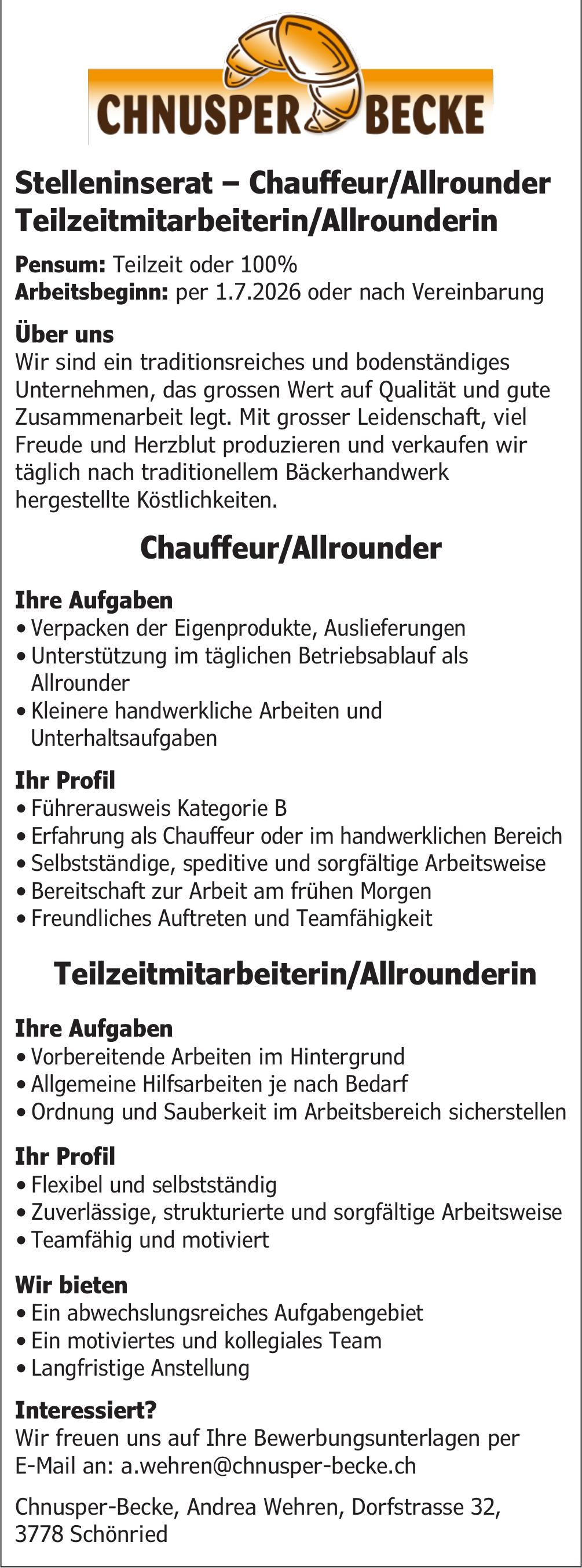 Chauffeur/Allrounder, Chnusper-Becke, Schönried, Gesucht