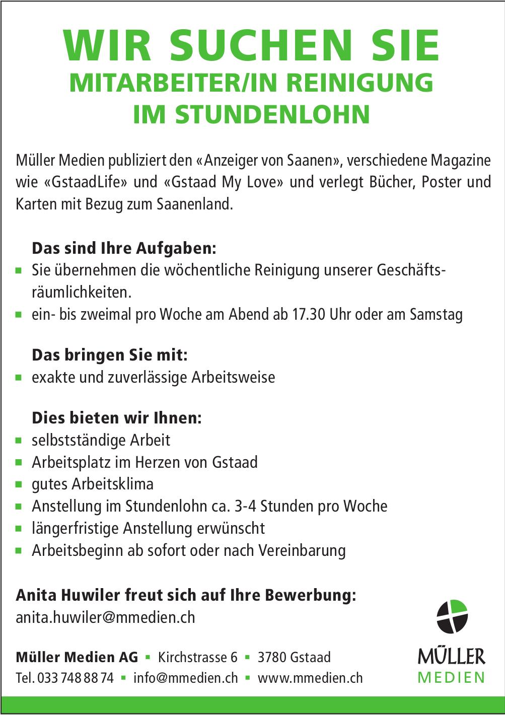 MITARBEITER/IN REINIGUNG IM STUNDENLOHN, Müller Medien AG, Gstaad, Gesucht