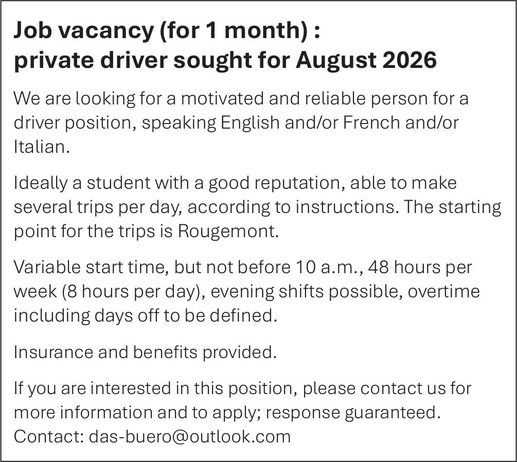 private driver sought for August 2026, Gesucht
