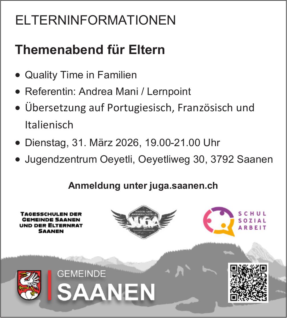 Themenabend für Eltern, 31. März, Jugendzentrum Oeyetli, Saanen