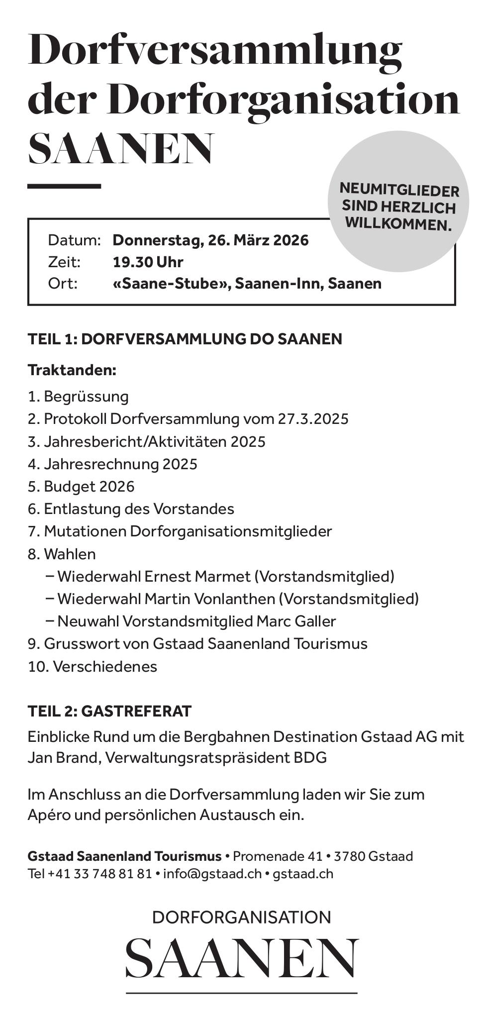 Dorfversammlung der Dorforganisation SAANEN, 26. März