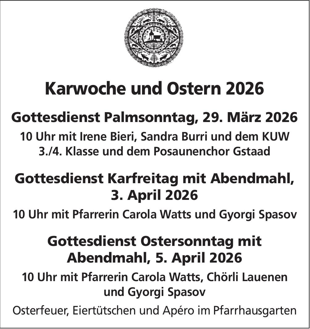 Karwoche und Ostern 2026, 29. März - 5. April