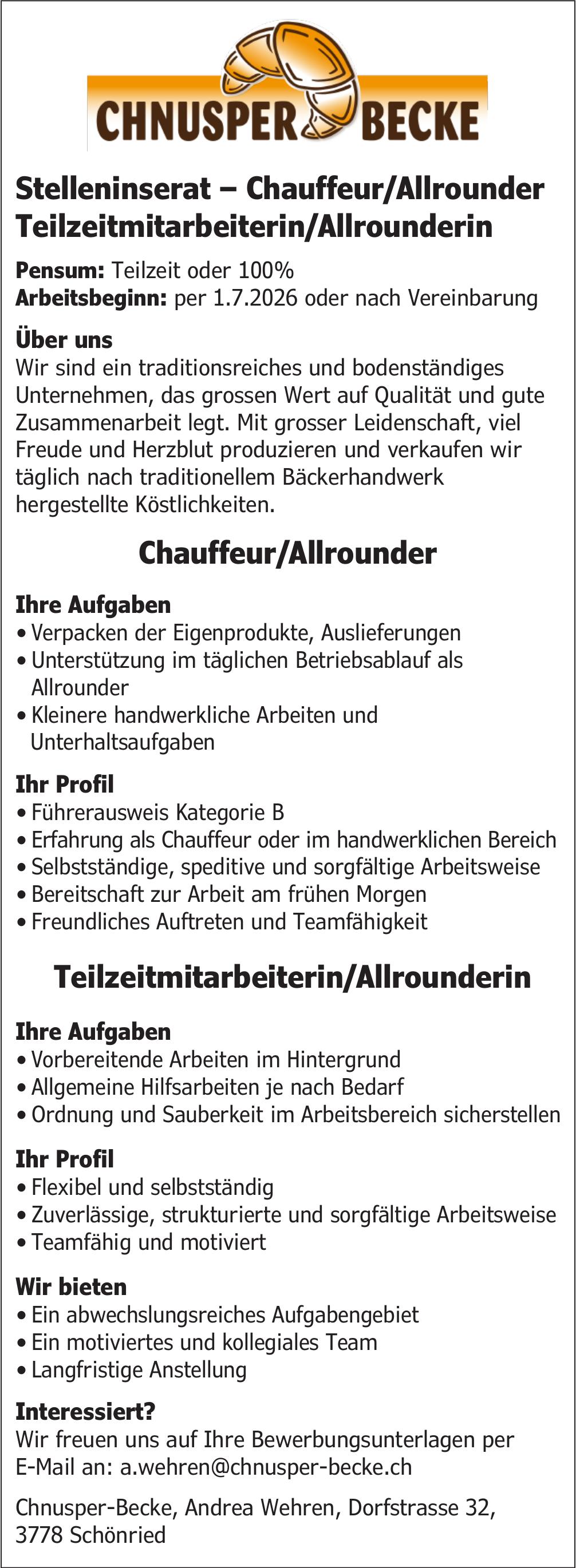 Chauffeur/Allrounder, Chnusper-Becke, Schönried, Gesucht