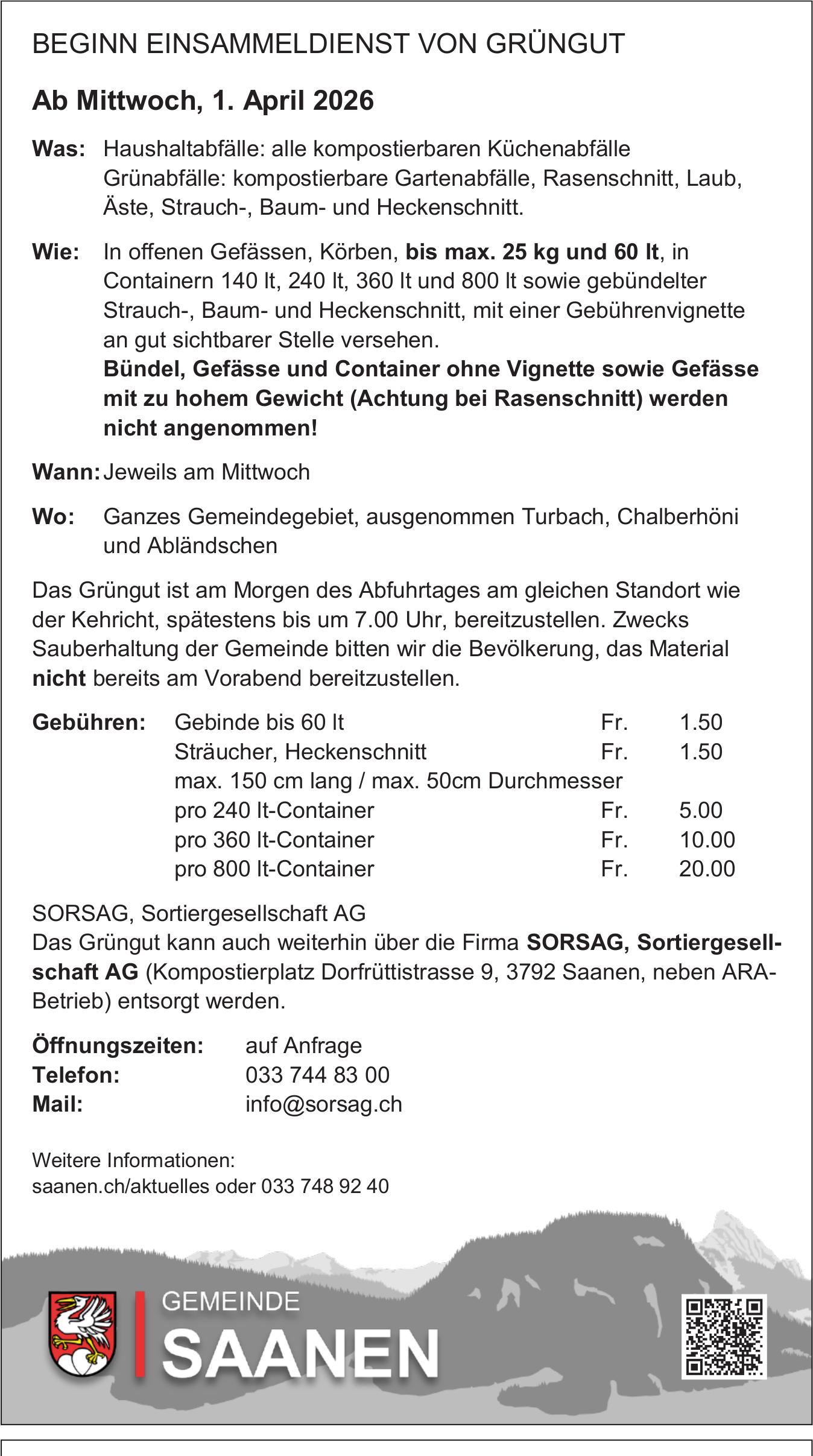 Lokale Gemeinschaft, Saanen - GEMEINDE SAANEN, BEGINN EINSAMMELDIENST VON GRÜNGUT