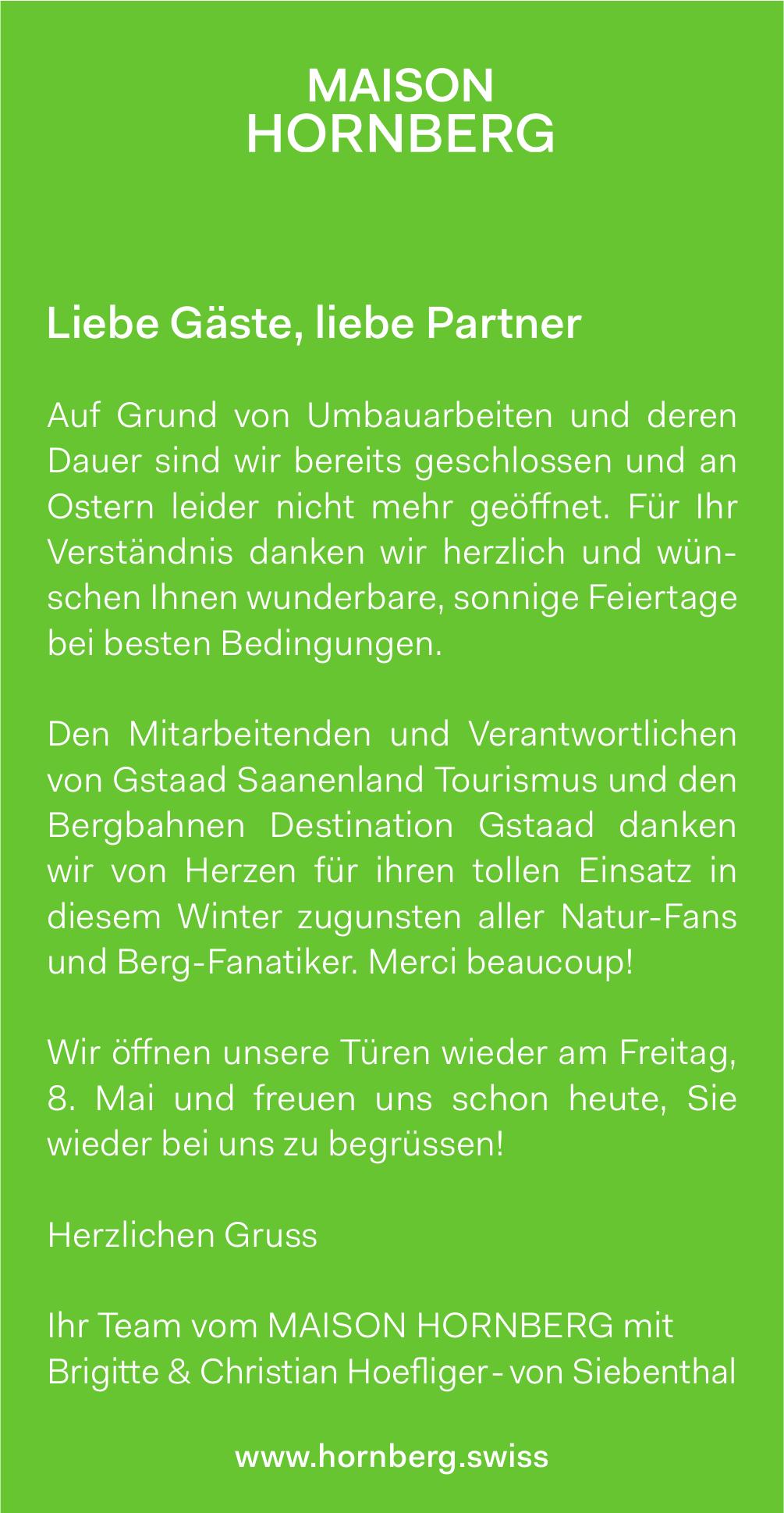 MAISON HORNBERG, Wir öffnen unsere Türen wieder am Freitag, 8. Mai