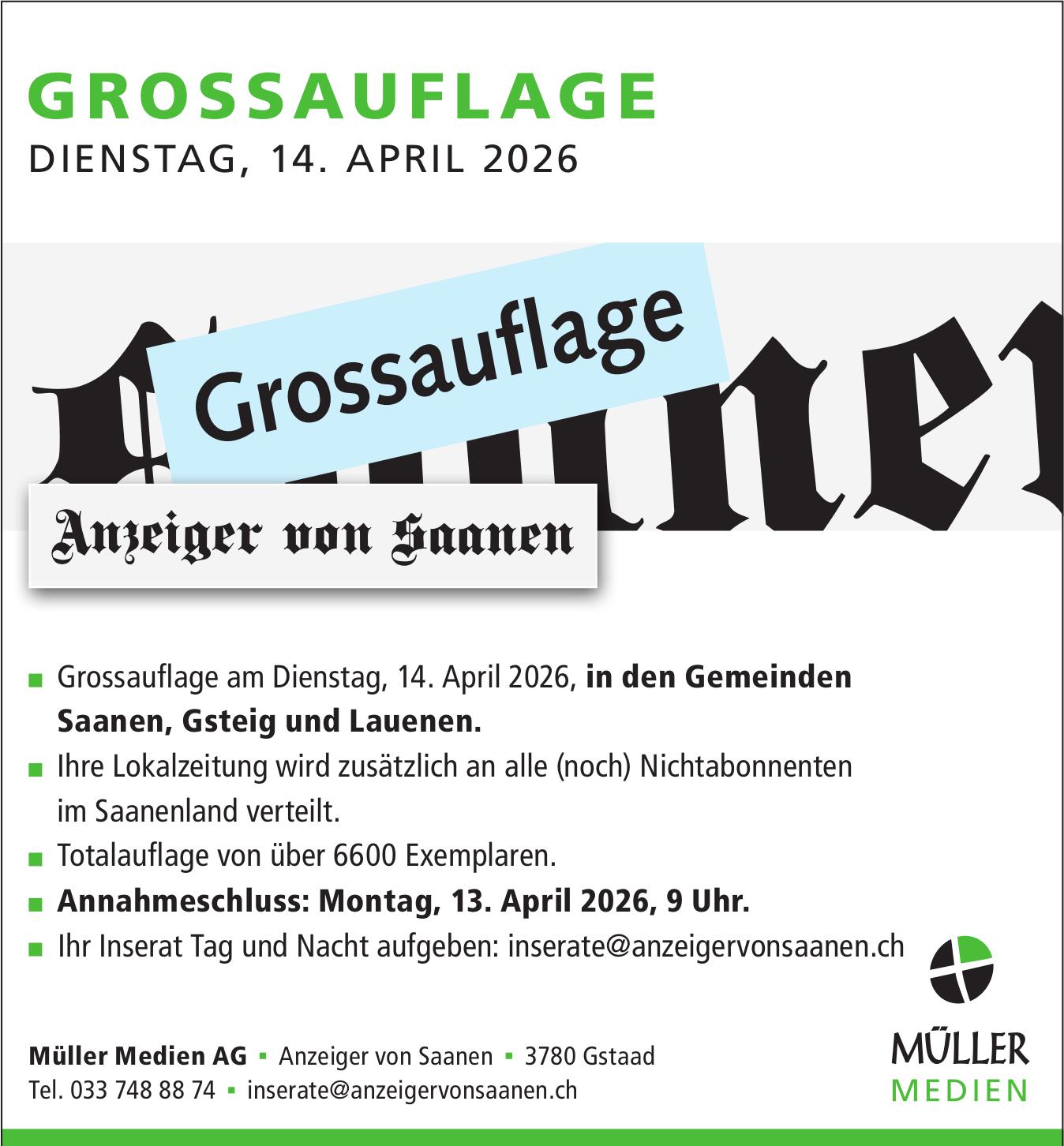 Müller Medien AG, Gstaad - GROSSAUFLAGE Dienstag, 14. April 2026